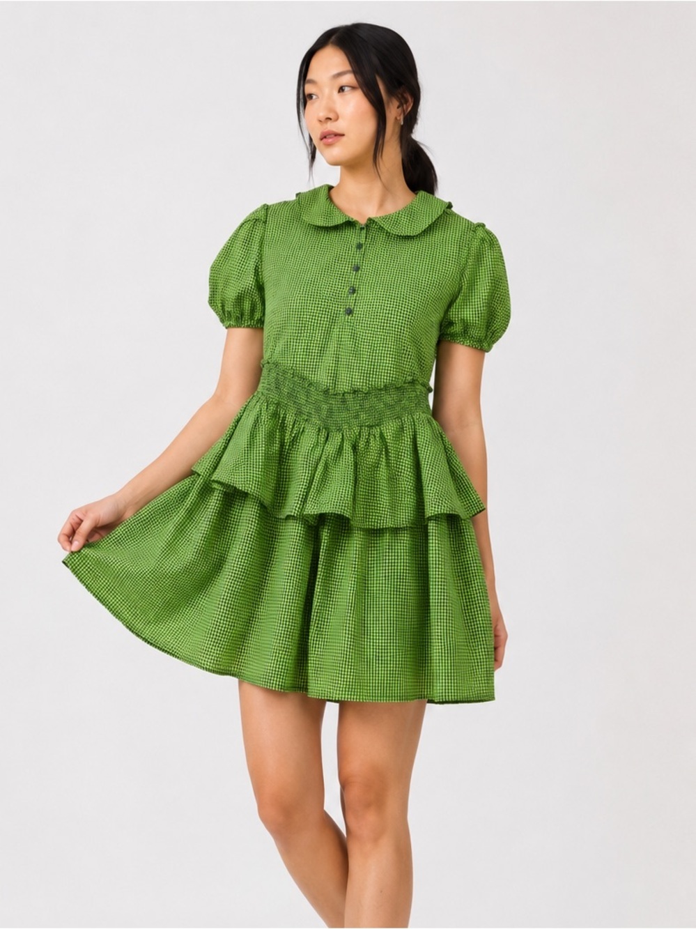 Urban Outfitters Green Gingham Tiered Smocked Mini Dress